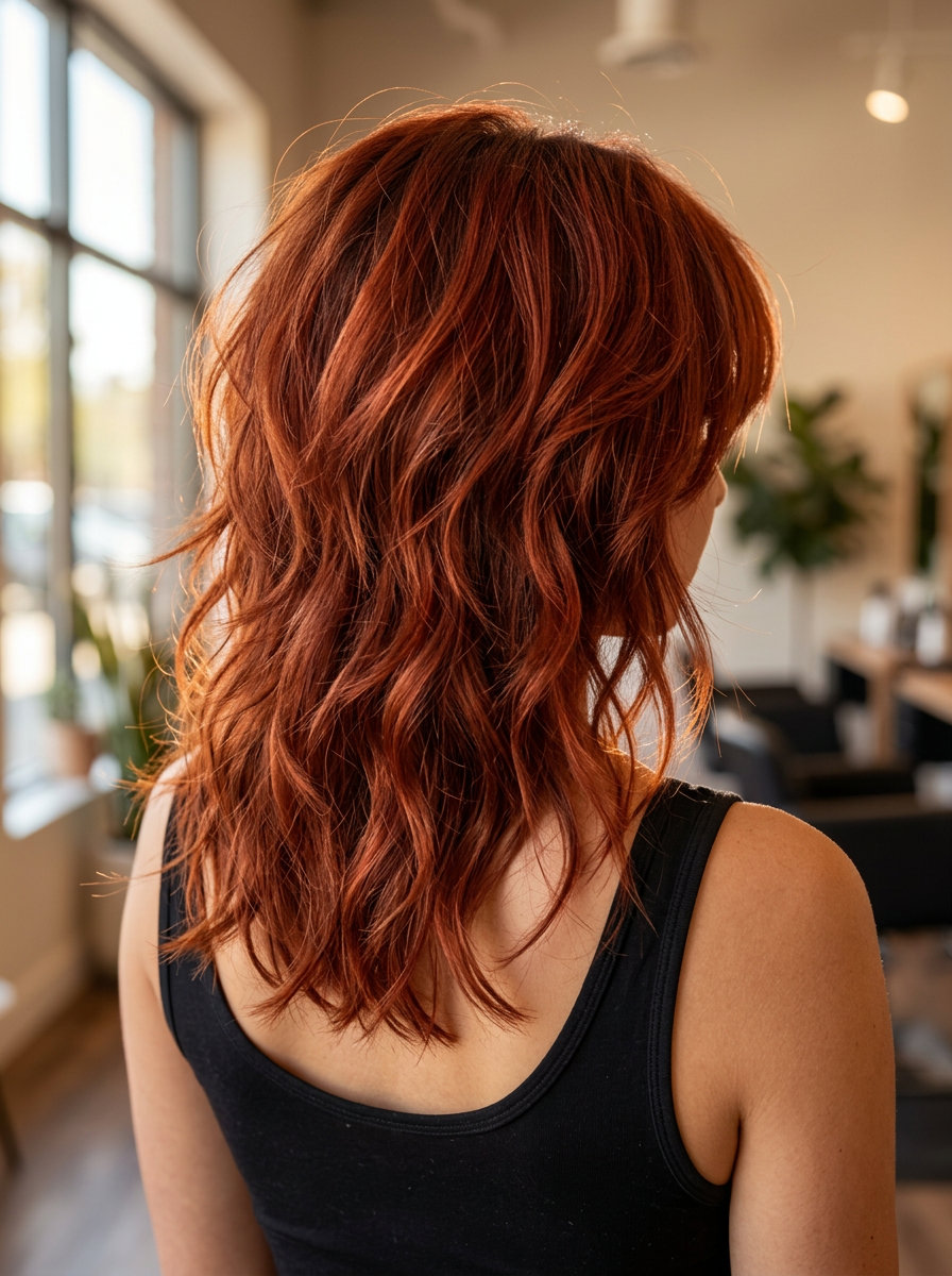 medium shag with choppy layers in deep burnt orange and auburn lowlights for festivals