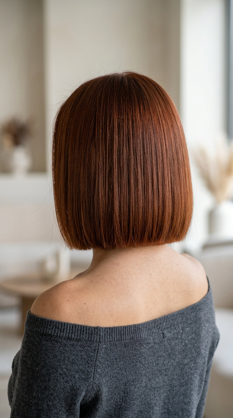 chin-length blunt bob in burnt sienna with a sharp perimeter for professional chic