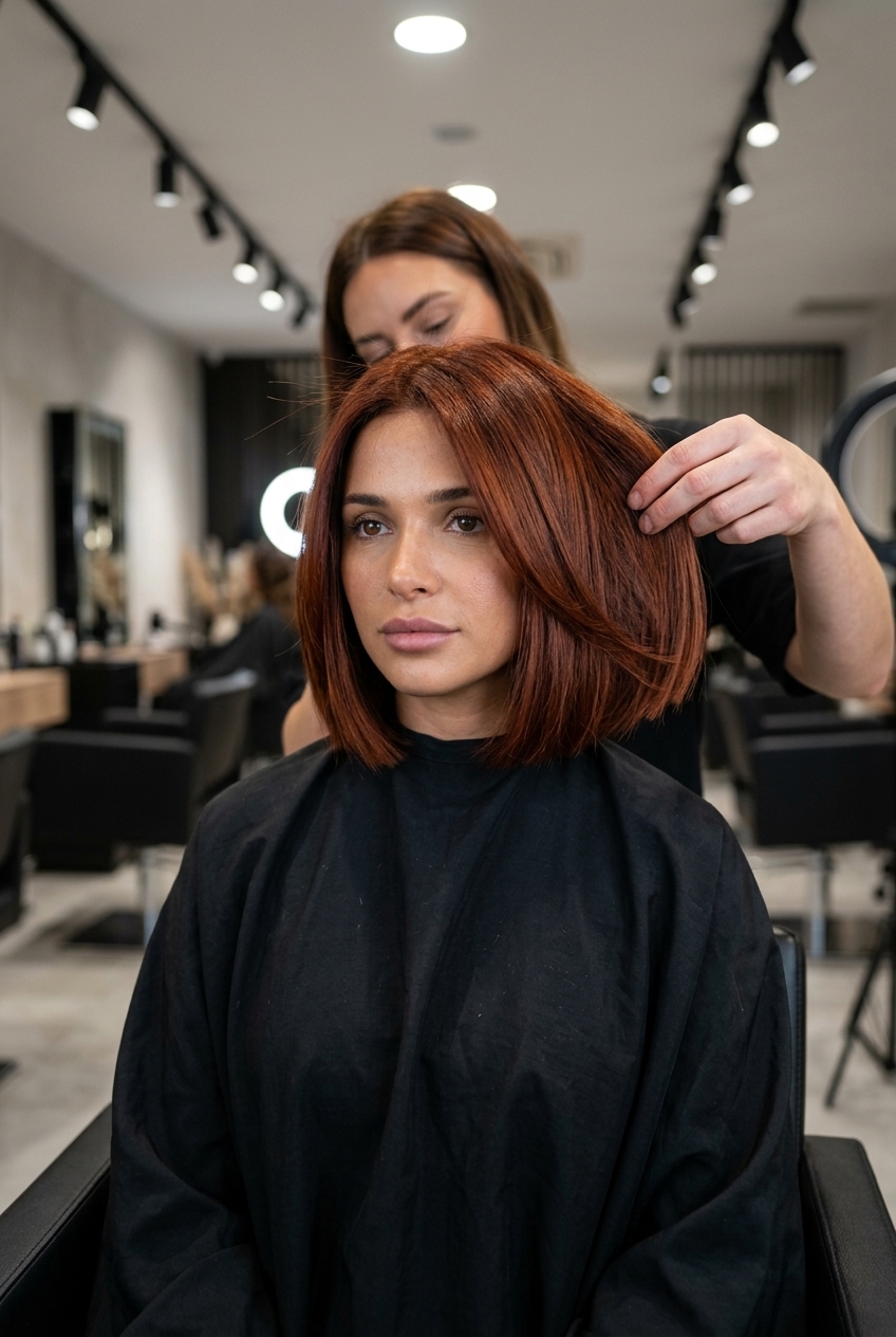 chin-length blunt bob in burnt sienna red with brown-orange undertones, sharp perimeter, no bangs — sophisticated and elegant