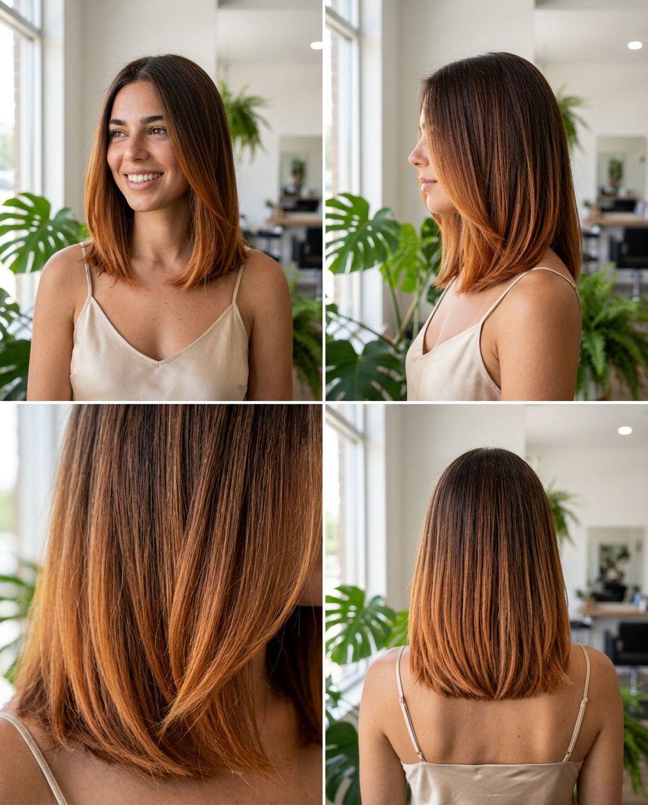 shoulder-length burnt sienna copper balayage lob with blunt ends for summer