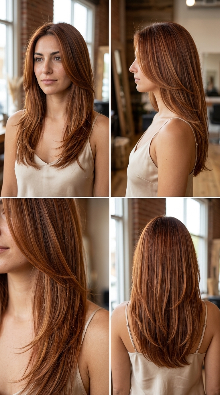 long layered burnt sienna auburn hair with caramel ribbons, face-framing pieces — natural summer style