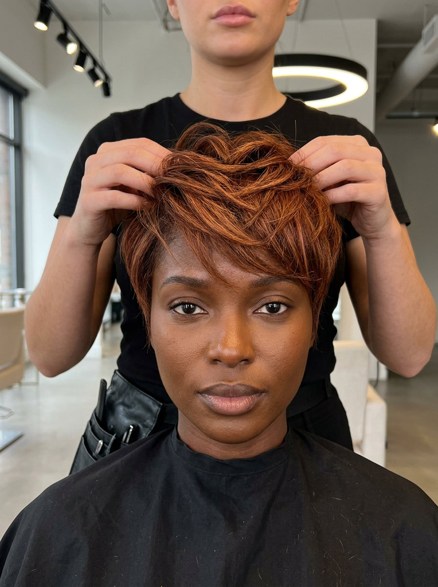 short textured pixie with burnt sienna and copper highlights, razored layers — playful and bohemian