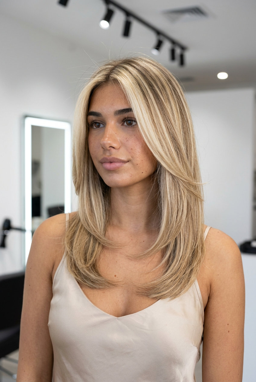 long balayage with butter cream blonde, pale yellow & golden, bright face-framing — radiant summer party