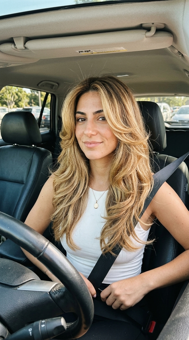 long butterfly haircut in warm buttercream balayage, golden honey highlights, face-framing layers — playful glamorous