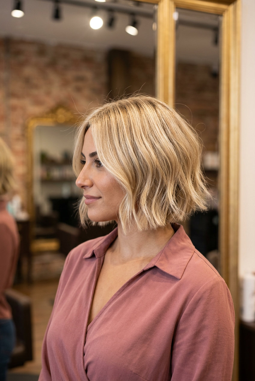 chin-length airy bob in buttercream blonde with golden babylights and face-framing pieces for brunch