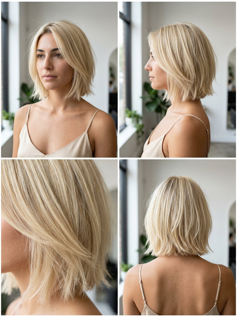 Minimalist Summer Aero-Bob 2026 chin-length blunt bob with internal layering in buttercream blonde and soft root shadow for summer