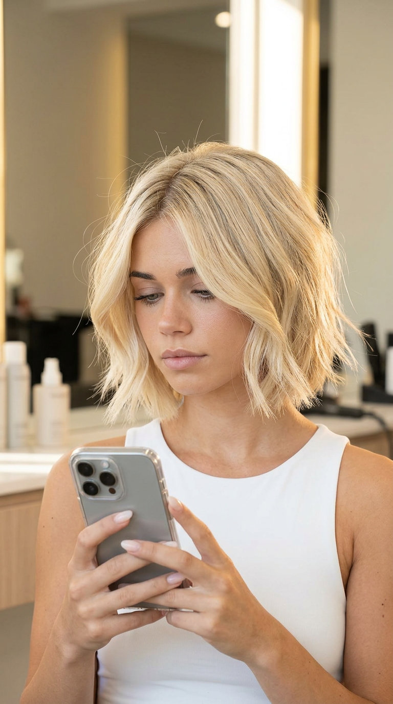 chin-length textured bob haircut in buttercream blonde with babylights and root shadow for round face