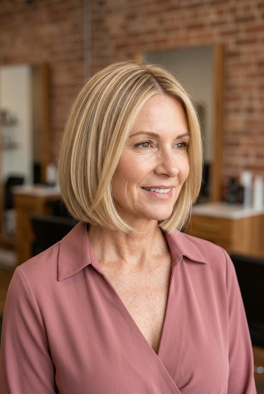 chin-length Italian bob haircut in buttercream blonde with dark vanilla root, blunt perimeter, internal layering — sophisticated classic