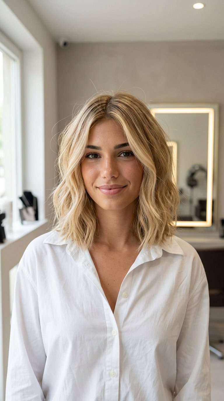 Effortless Golden Hour Lob 2026 collarbone-length lob with buttercream blonde and champagne babylights for summer