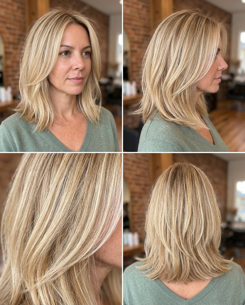collarbone-length lob haircut in buttercream blonde with honey babylights and root shadow, soft invisible layers and face-framing pieces for sun-kissed