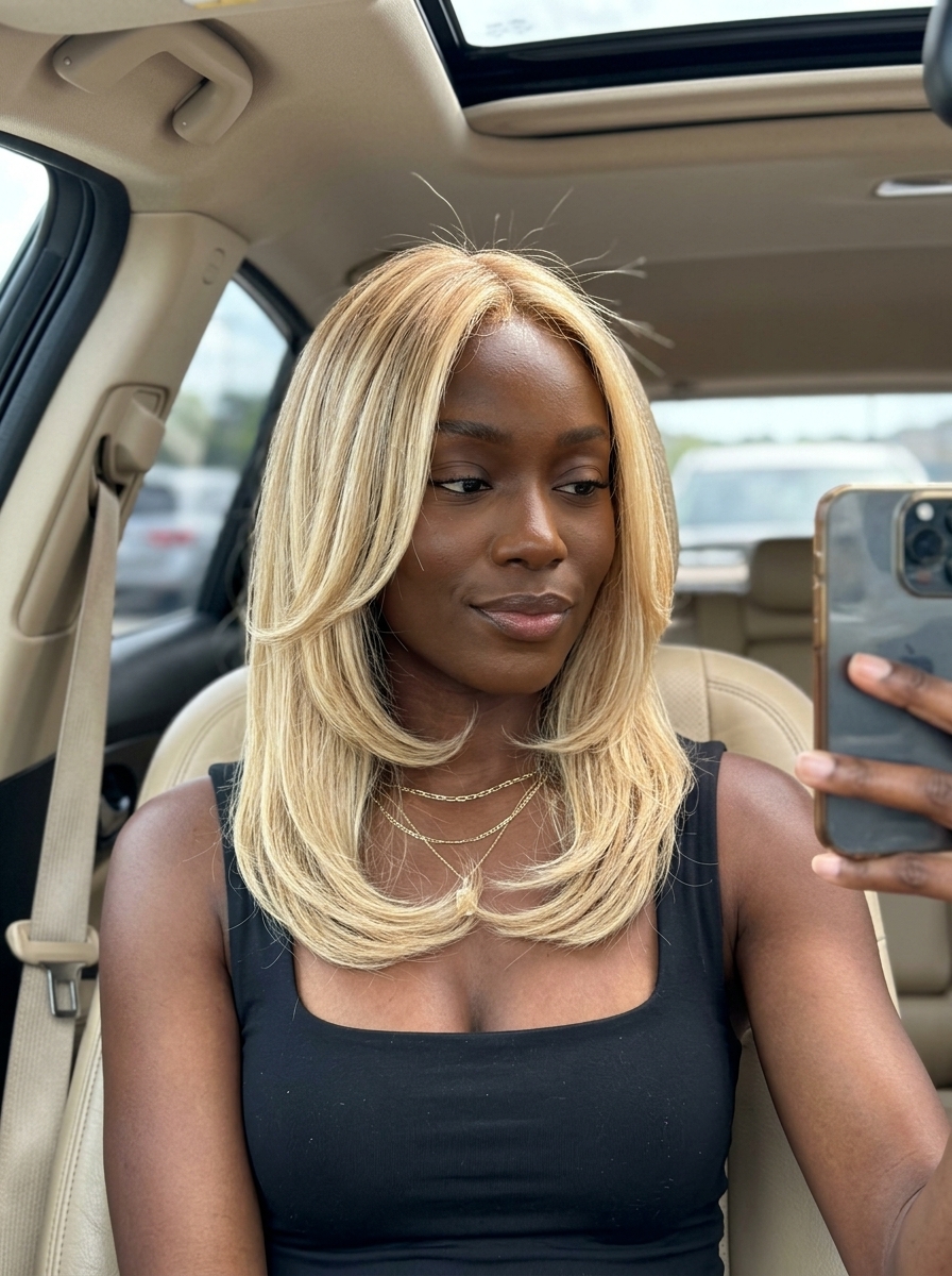 long buttercream blonde haircut with golden balayage and C-shaped layers for professional events