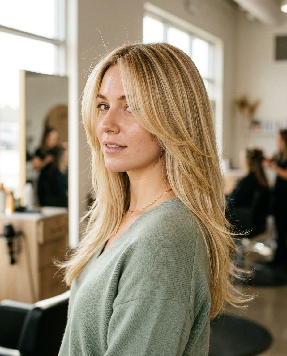 long warm buttercream blonde hair with golden babylights and face-framing layers for summer 2026