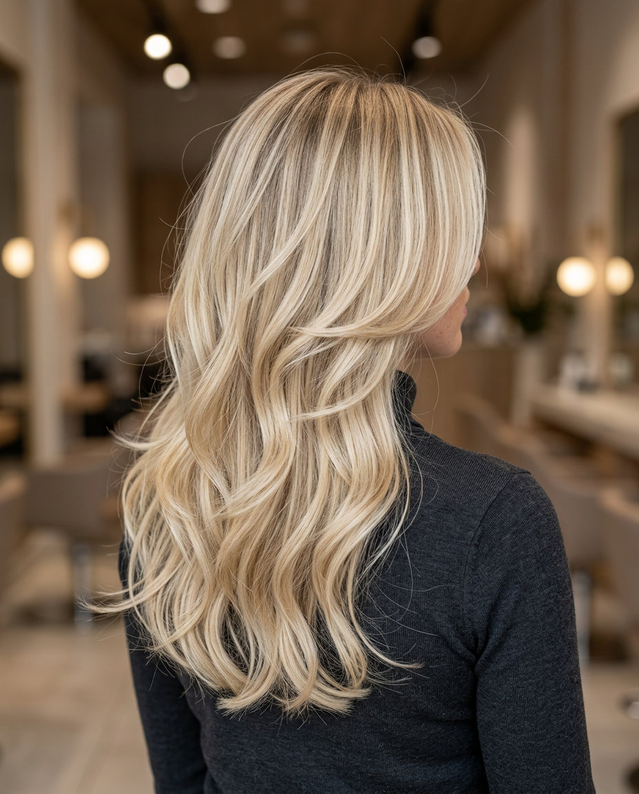 long layered haircut in creamy buttercream blonde with vanilla lowlights and soft root shadow for summer
