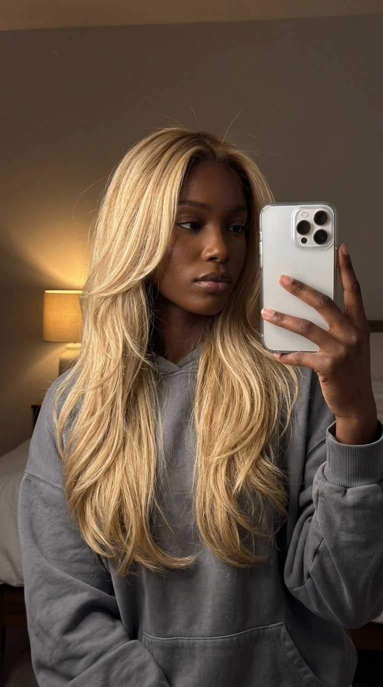 long buttercream blonde haircut with golden babylights and soft layers for beach day