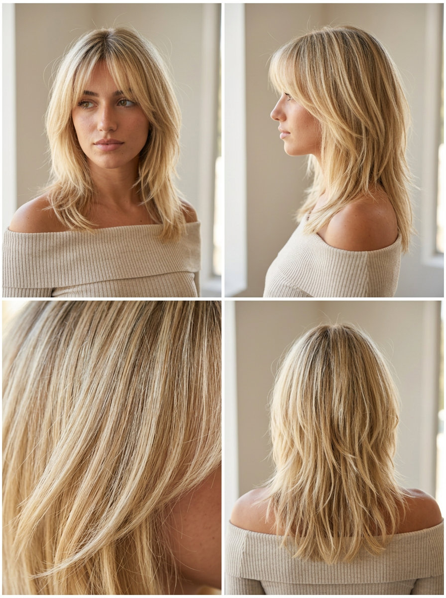 medium shag haircut in buttercream blonde with vanilla root shadow, honey lowlights, curtain bangs — retro tousled