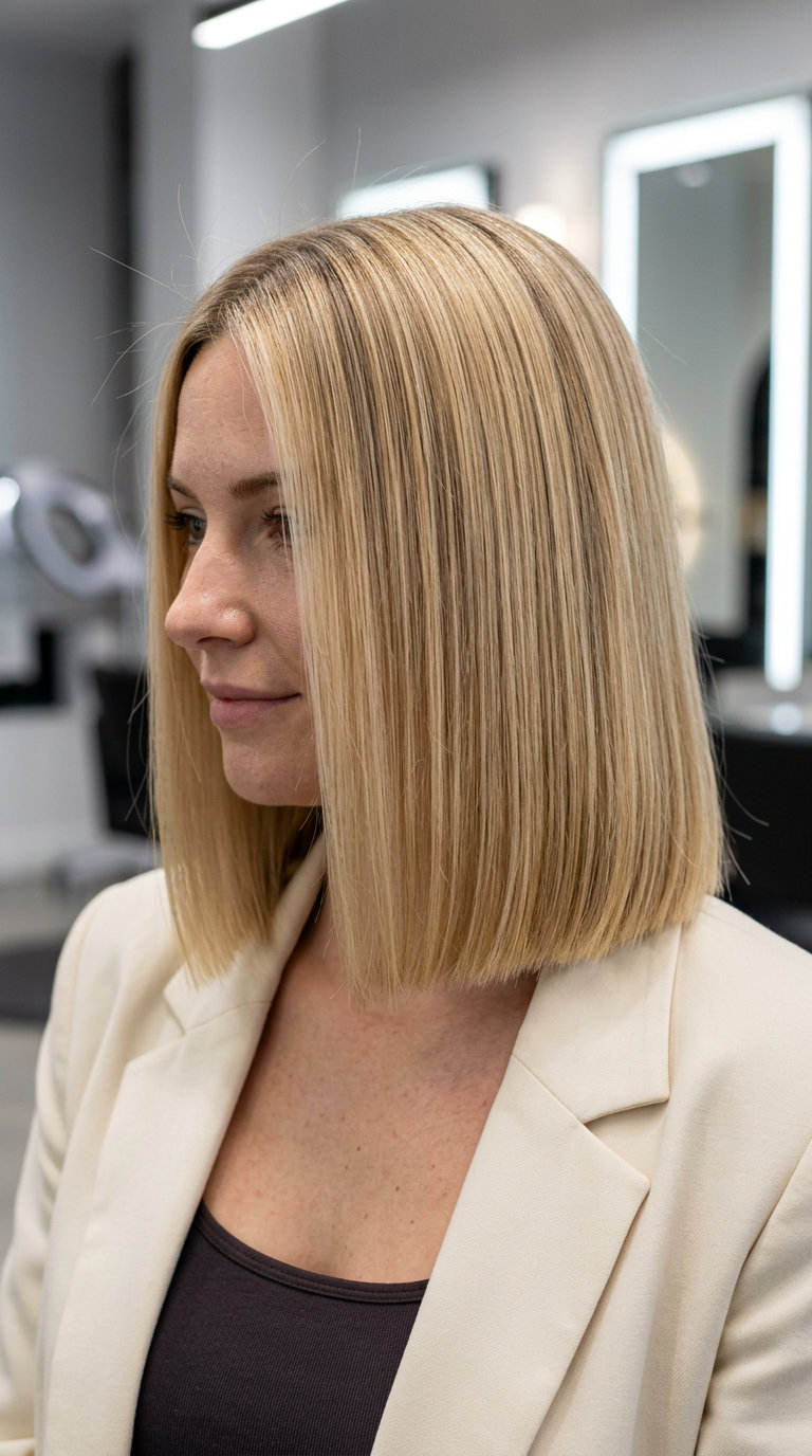 short buttercream blonde blunt lob with golden babylights, dark vanilla root shadow — bold modern professional