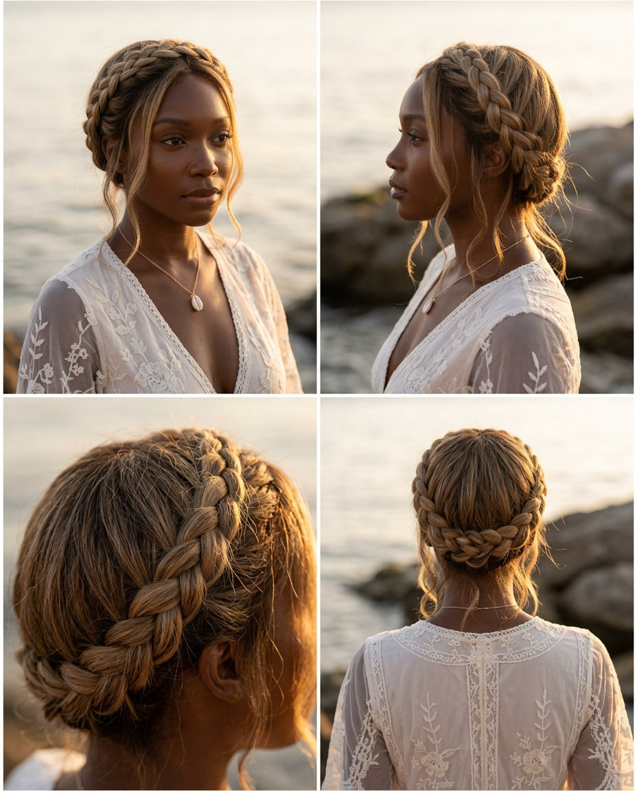 Buttercream Blonde Halo Braid 2026 short braided halo hairstyle in Buttercream Blonde with face-framing tendrils for summer weddings