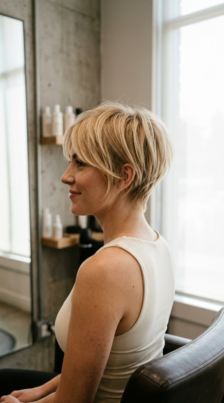 short warm buttercream blonde pixie haircut with golden babylights and tapered nape for summer 2026
