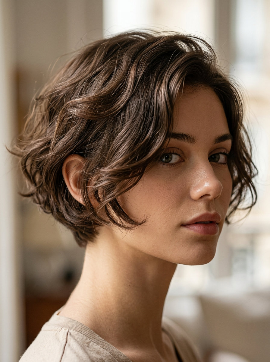 Buttercream Blonde Wavy Pixie-Bob 2026 short wavy pixie-bob haircut in Buttercream Blonde with honey highlights for romantic evenings