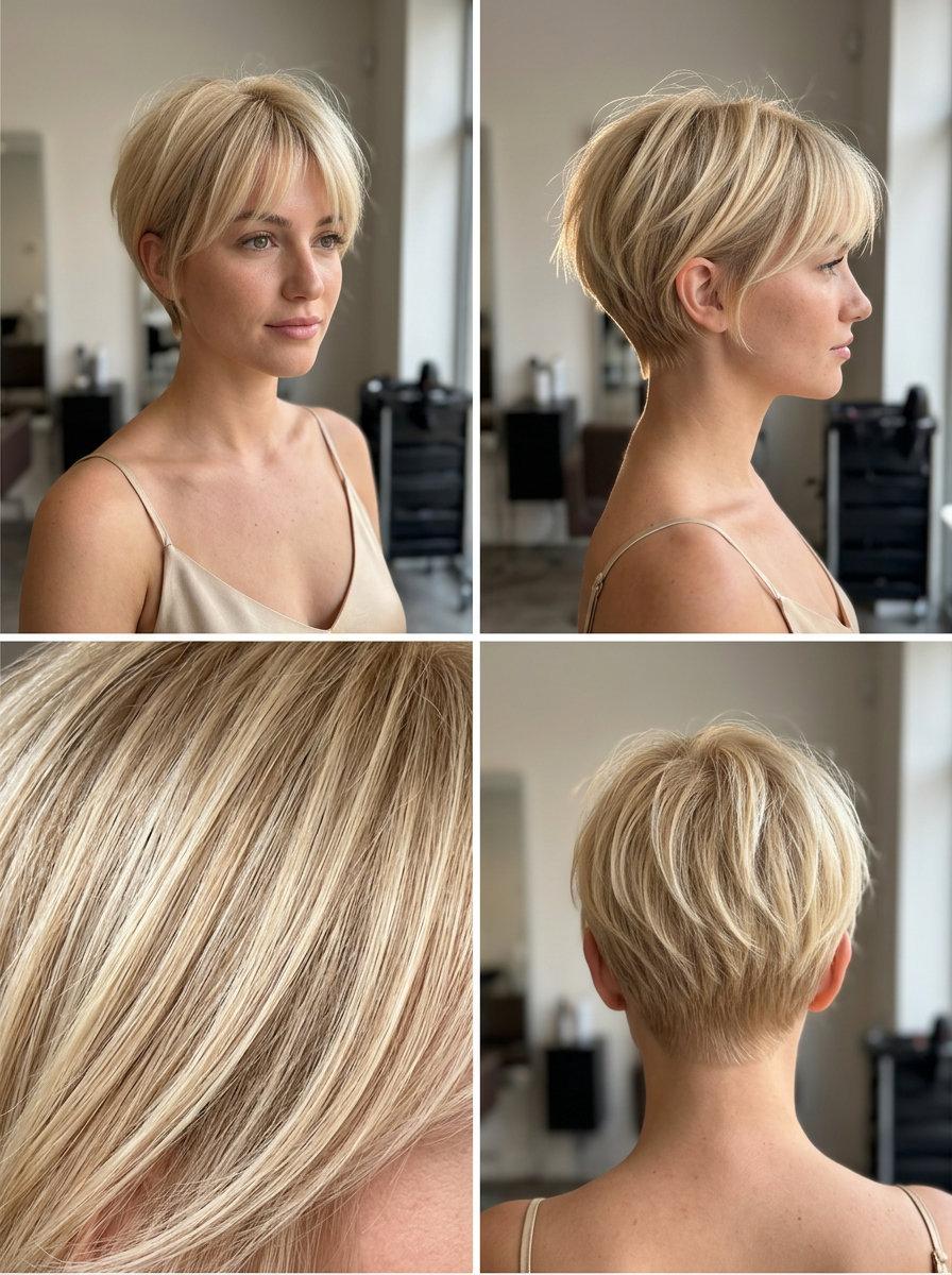 short buttercream blonde pixie with wispy fringe and tapered sides for summer