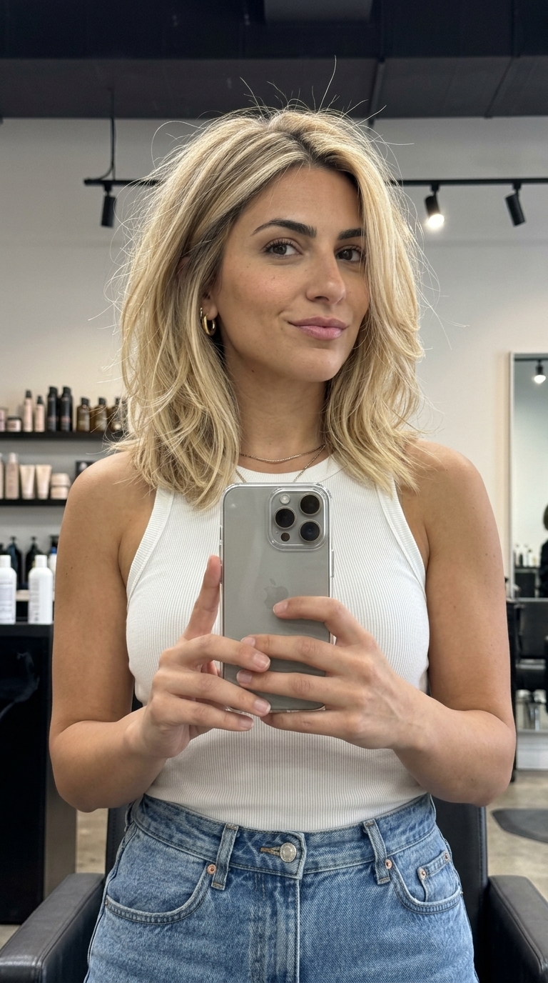 shoulder-length choppy lob haircut with buttercream blonde balayage, golden babylights, and curtain bangs for summer