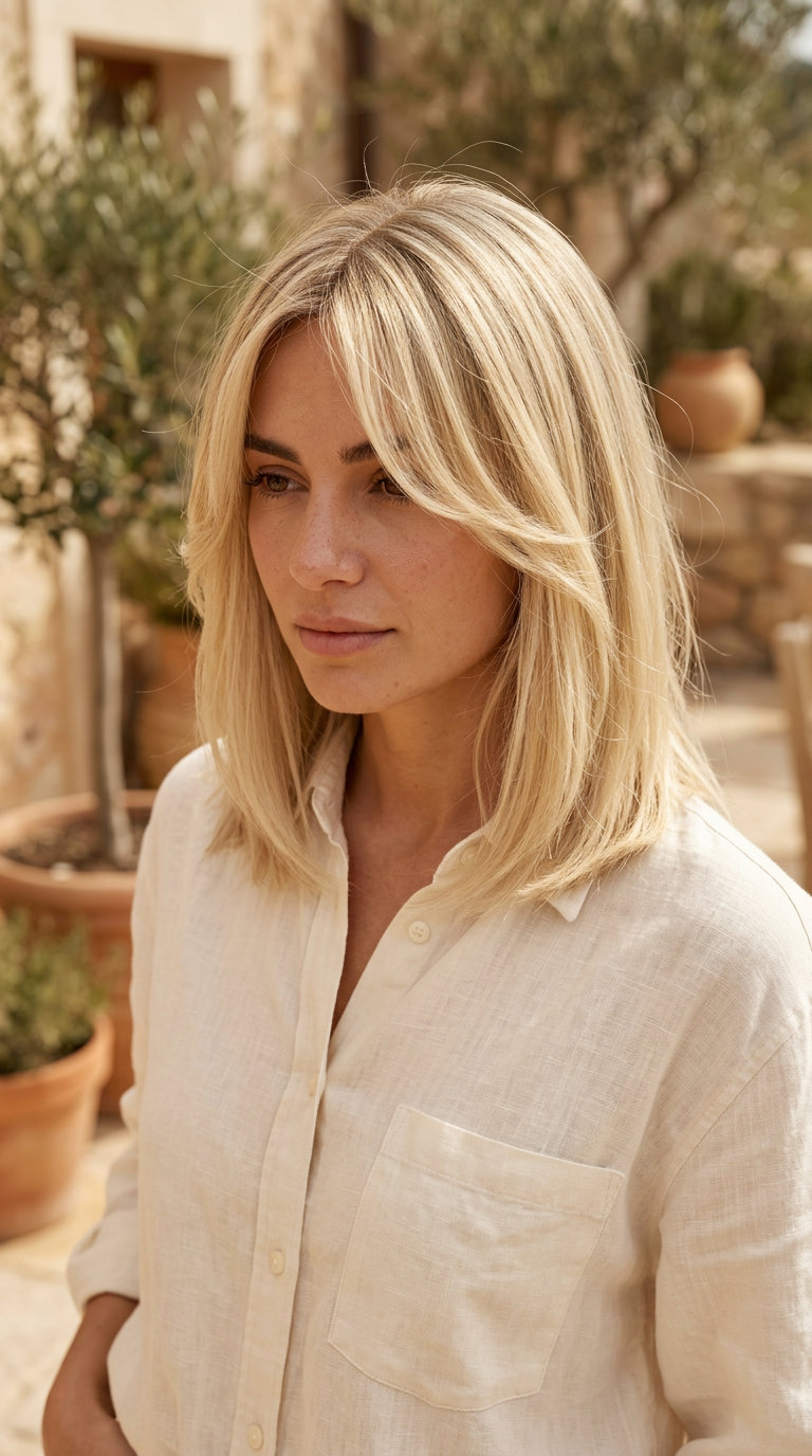 shoulder-length lob haircut with buttercream blonde color, vanilla babylights, and wispy curtain bangs for summer