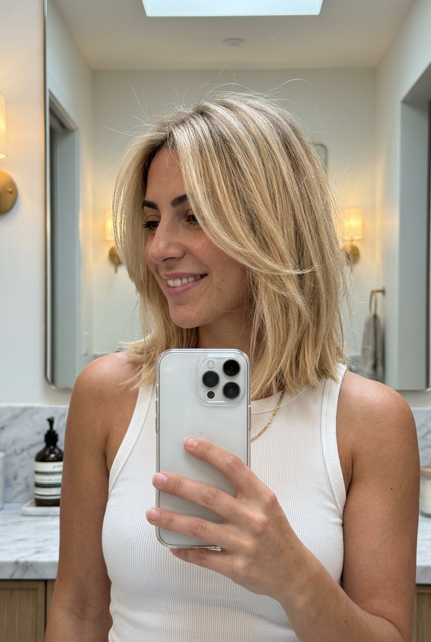 shoulder-length lob haircut in warm buttercream blonde with honey lowlights and soft root smudge for summer