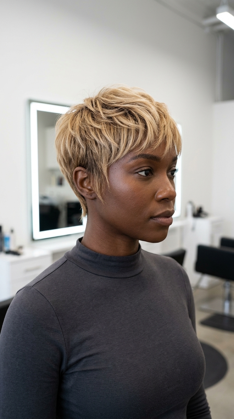 very short pixie haircut in buttercream blonde with golden babylights and dark root shadow, feathered layers — playful and radiant