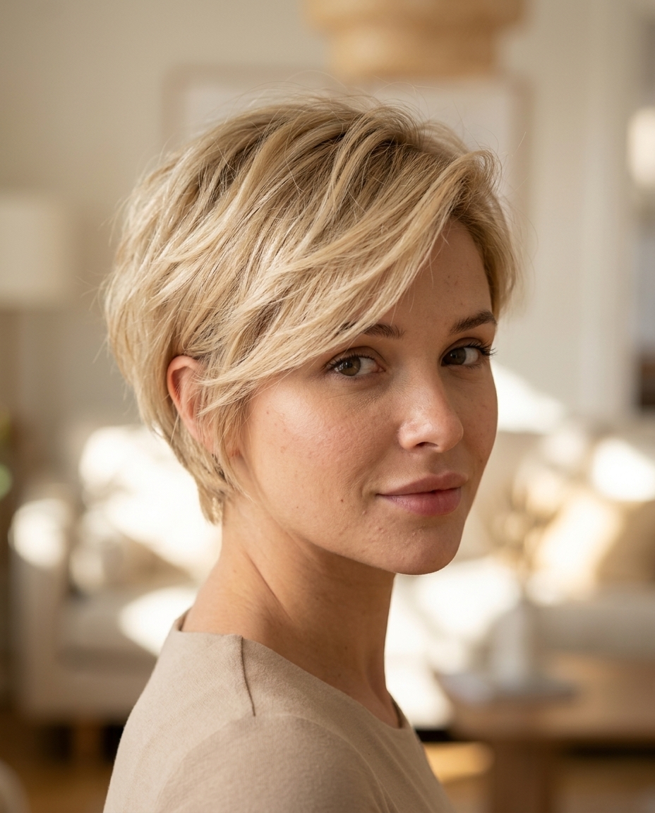 very short pixie haircut in buttercream blonde with honey babylights and side-swept fringe for effortless style