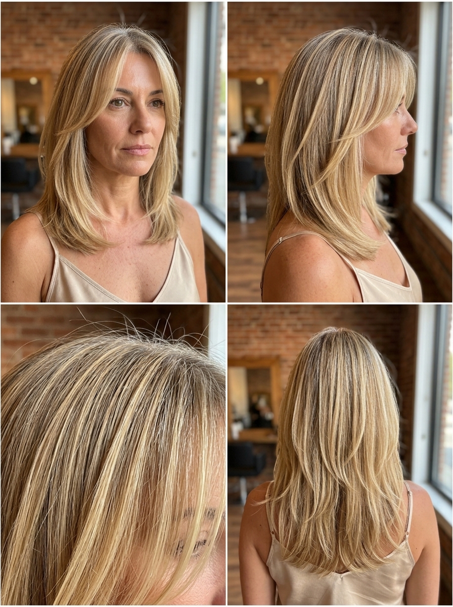 collarbone buttercream balayage with golden base, soft layers, bottleneck bangs — playful