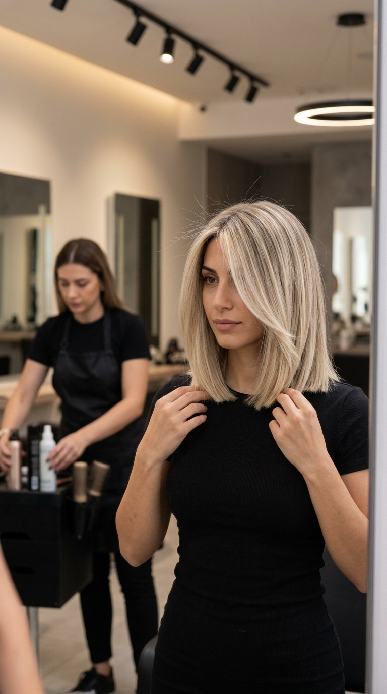 collarbone-length creamy buttercream blonde lob with ash, gold highlights, vanilla root, blunt cut, sophisticated waves for date