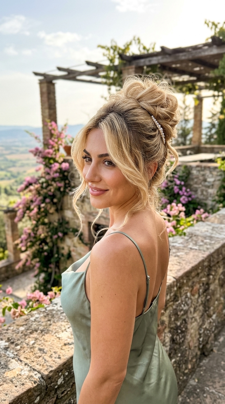 long warm buttercream blonde cloud bun with honey babylights for date night