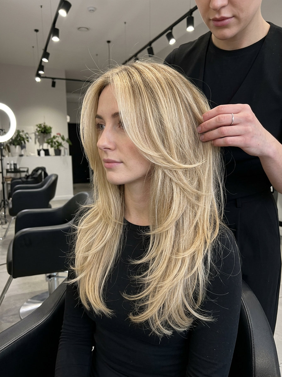long haircut with buttercream blonde and honey babylights, textured layers and sweeping face-framing for summer