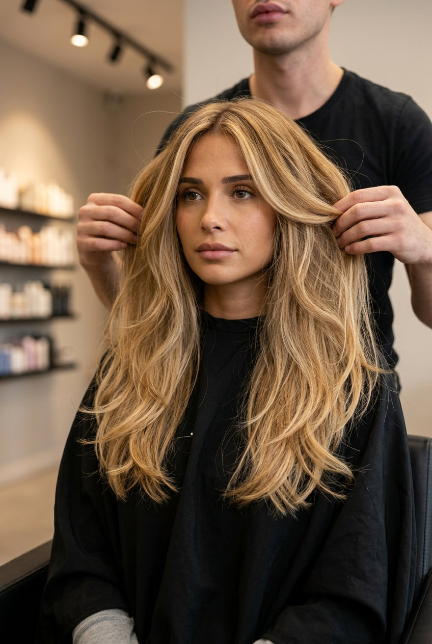 Golden Hour Layers: Summer Haircut 2026 long layered haircut with warm buttercream blonde, balayage and babylights for summer 2026