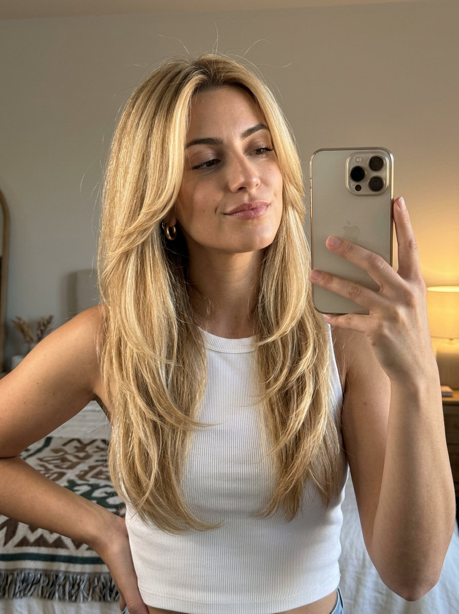 Summer 2026 Buttercream Blonde Cascade with Honey Lowlights long V-cut layered haircut with buttercream blonde color, honey lowlights, face-framing layers β romantic soft 2026