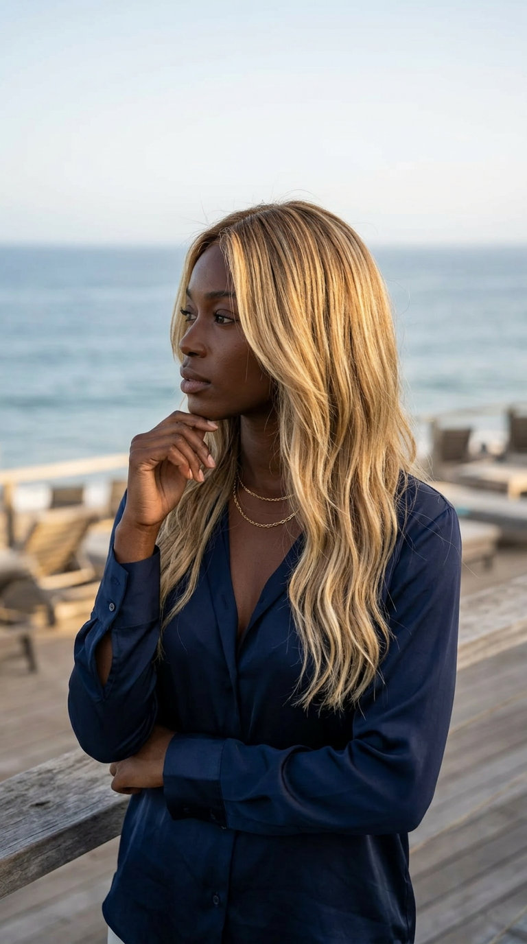 long shaggy haircut with warm buttercream blonde balayage, razor-cut layers — effortless beach waves