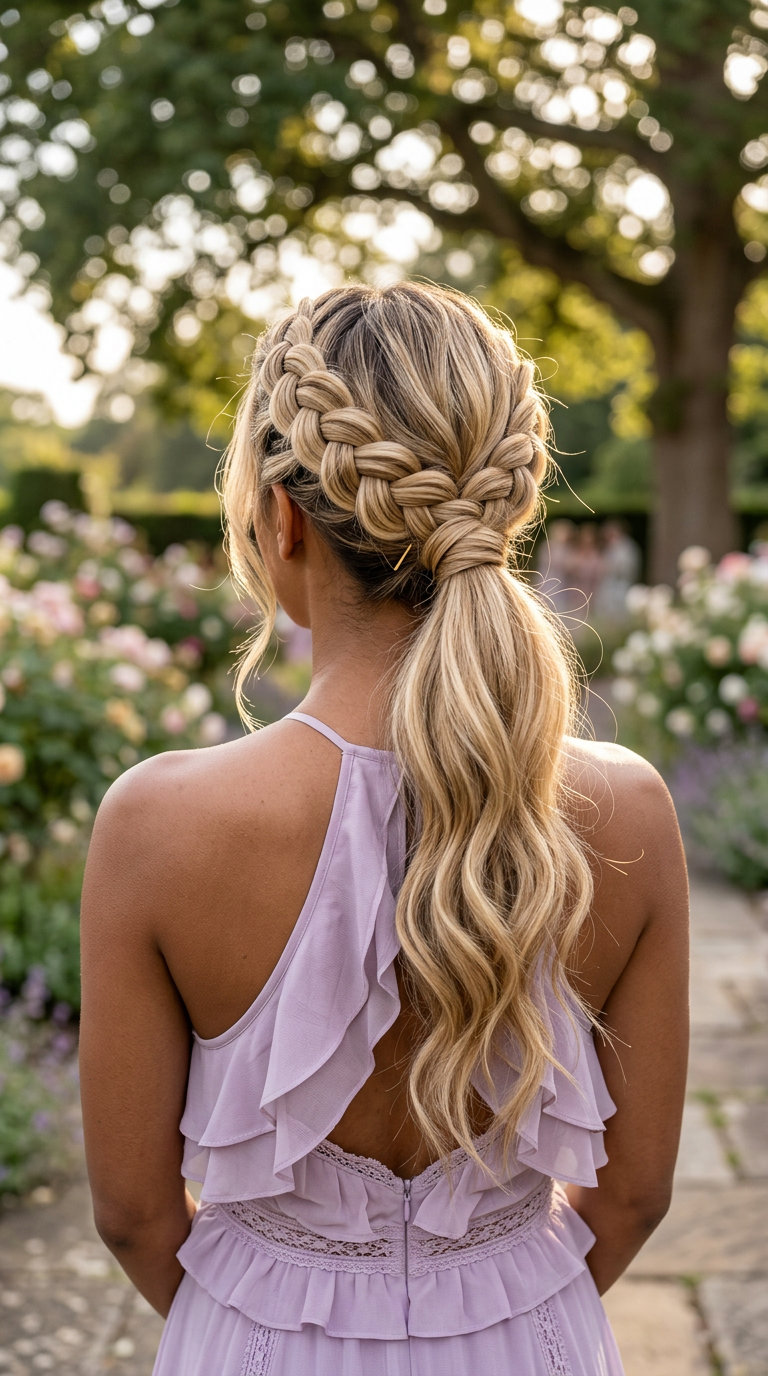 long updo with buttercream blonde, honey babylights, Dutch braid crown — playful princess ponytail