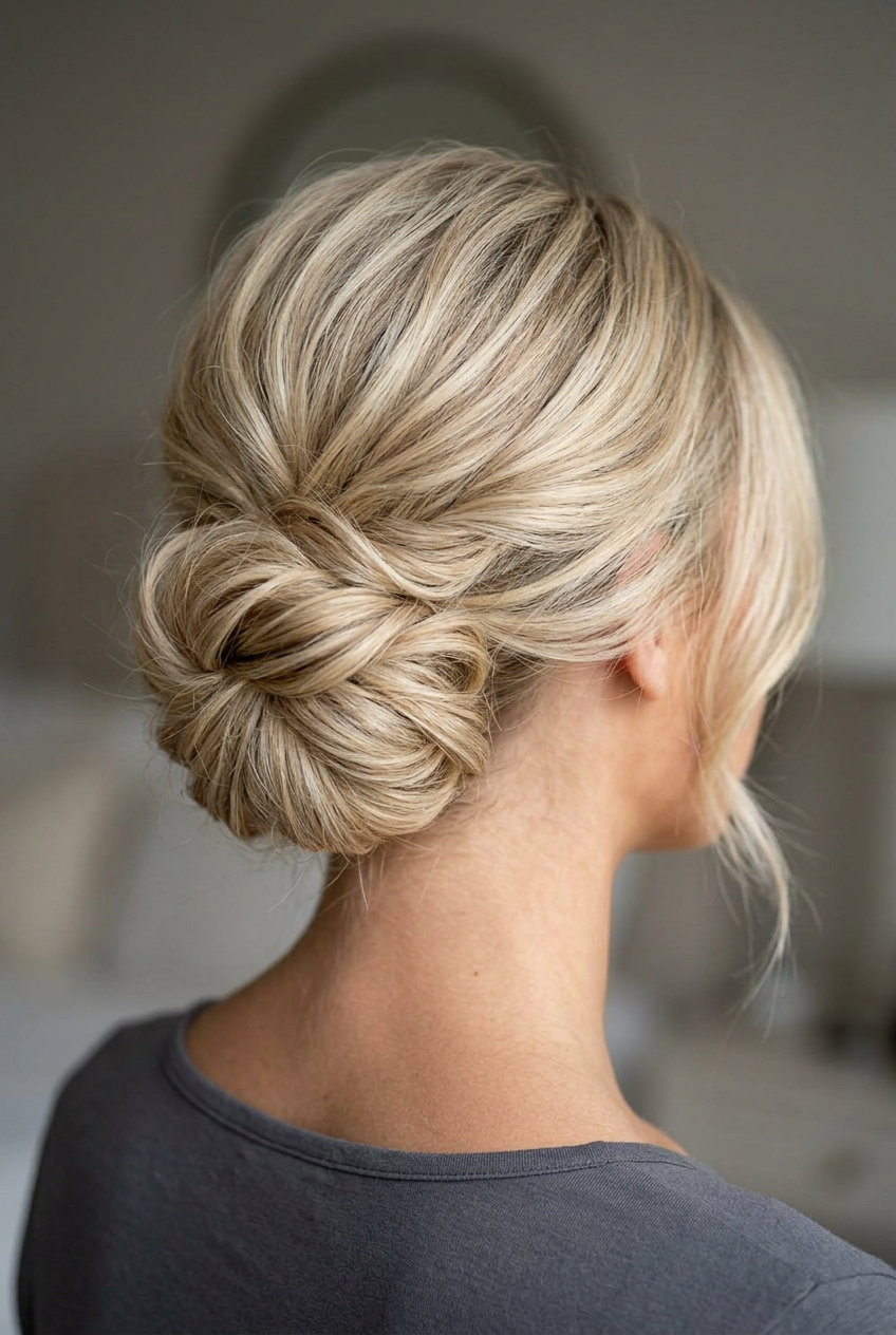 long updo with warm buttercream blonde, dark vanilla root smudge, razored ends — romantic formal event