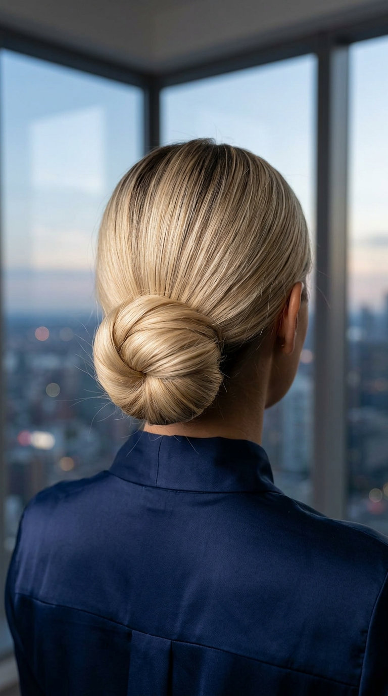 long blunt cut low bun with buttercream blonde, sharp side part — professional board meeting