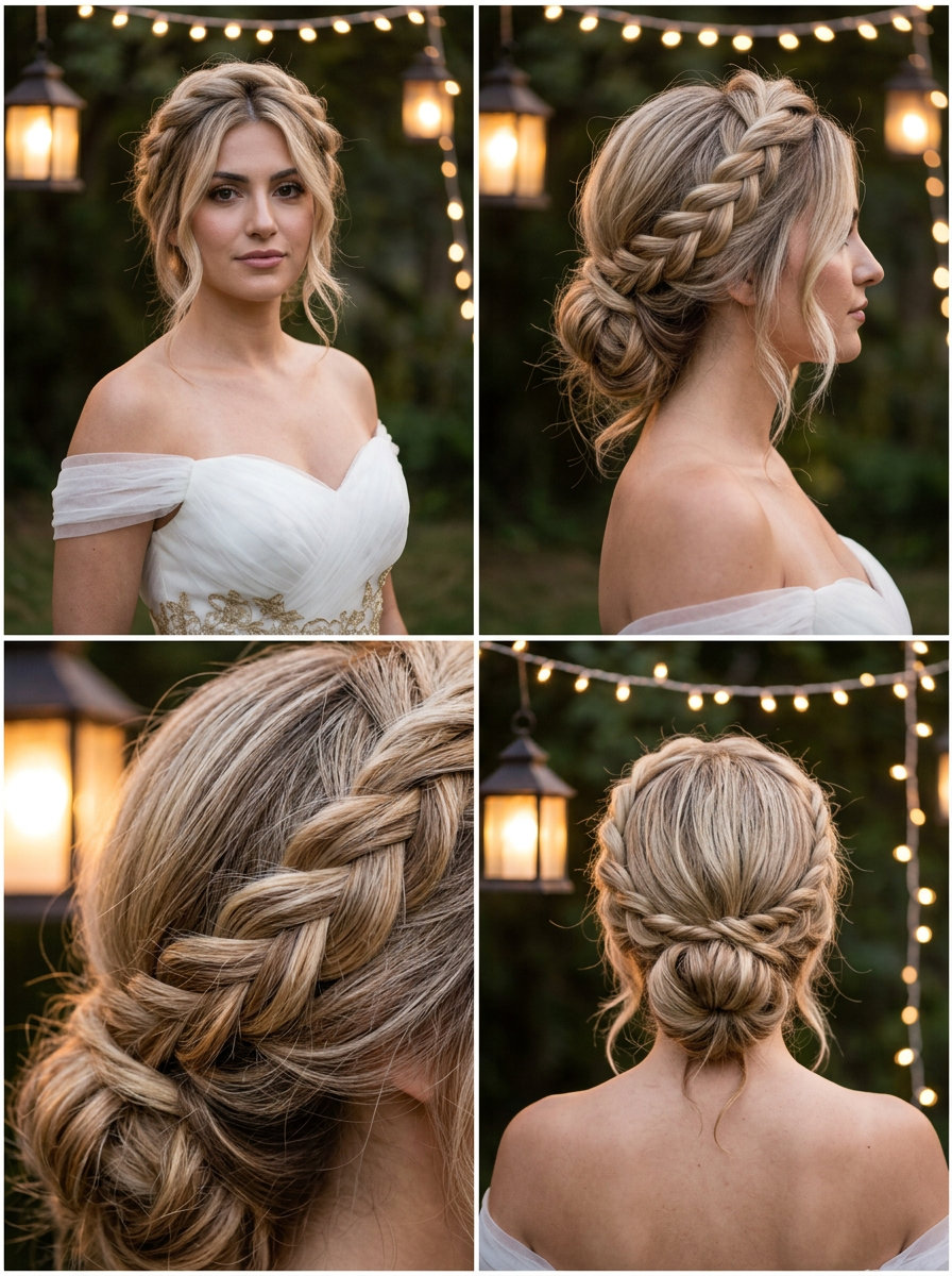long updo with dimensional buttercream blonde, honey gold balayage, twisted halo — romantic ethereal style