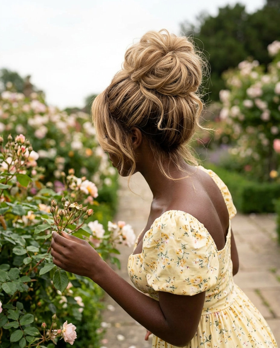 medium-long warm buttercream blonde cloud bun with golden highlights for date night