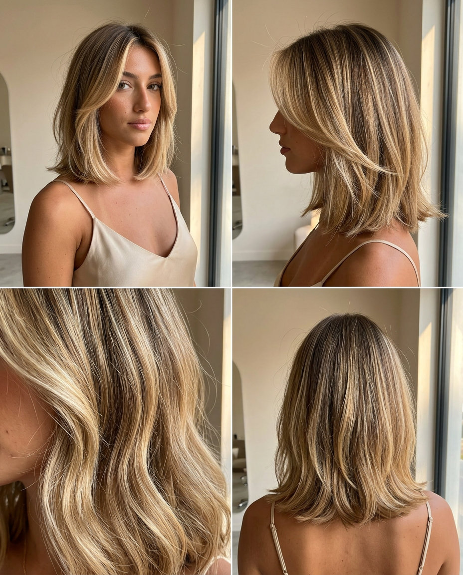 Summer 2026 Buttercream Blonde Lob with Balayage shoulder-length lob haircut with buttercream blonde balayage, babylights, no bangs β effortless beachy 2026