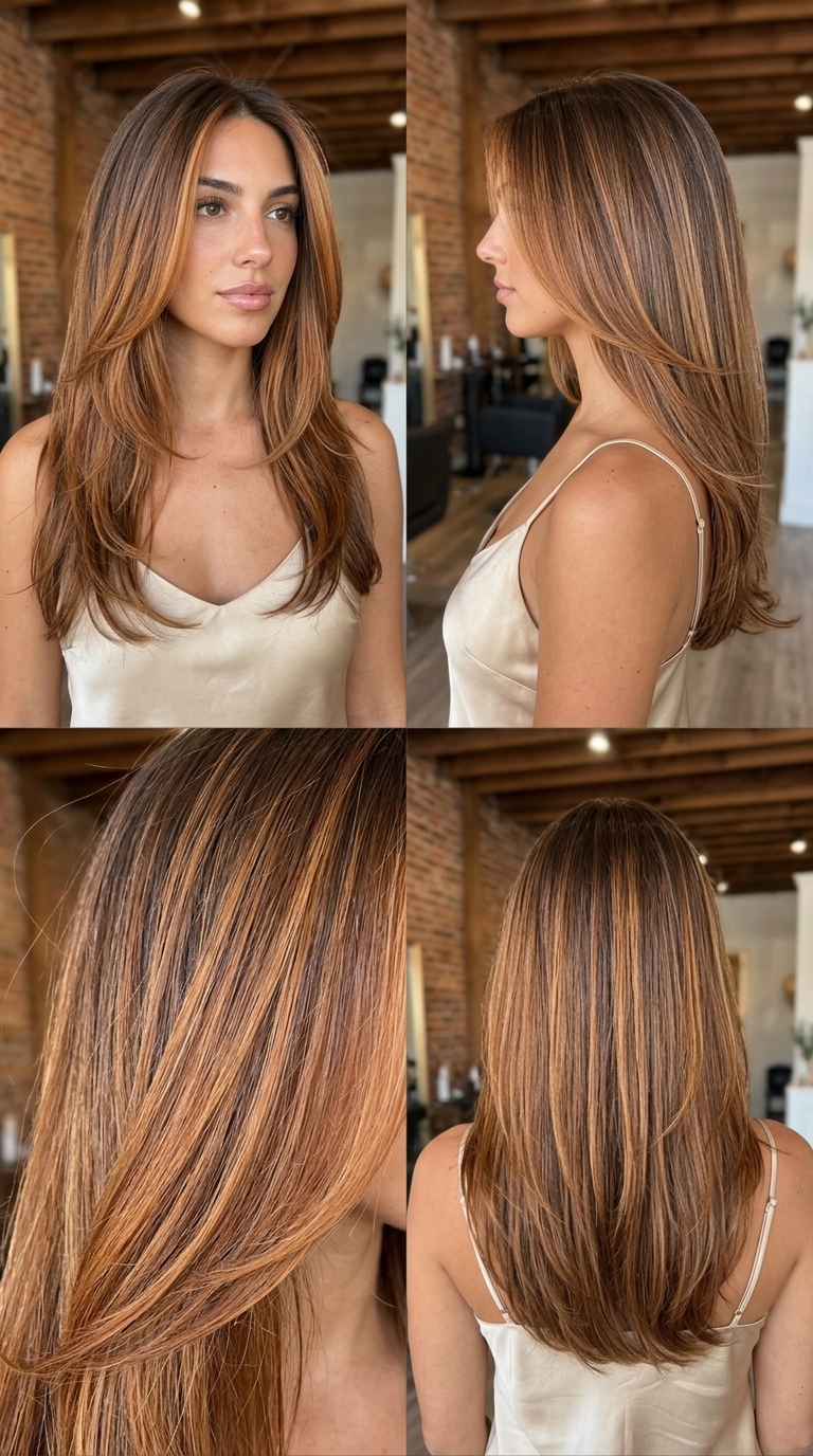 long hair with soft layers in butterscotch copper balayage and a U-shaped back