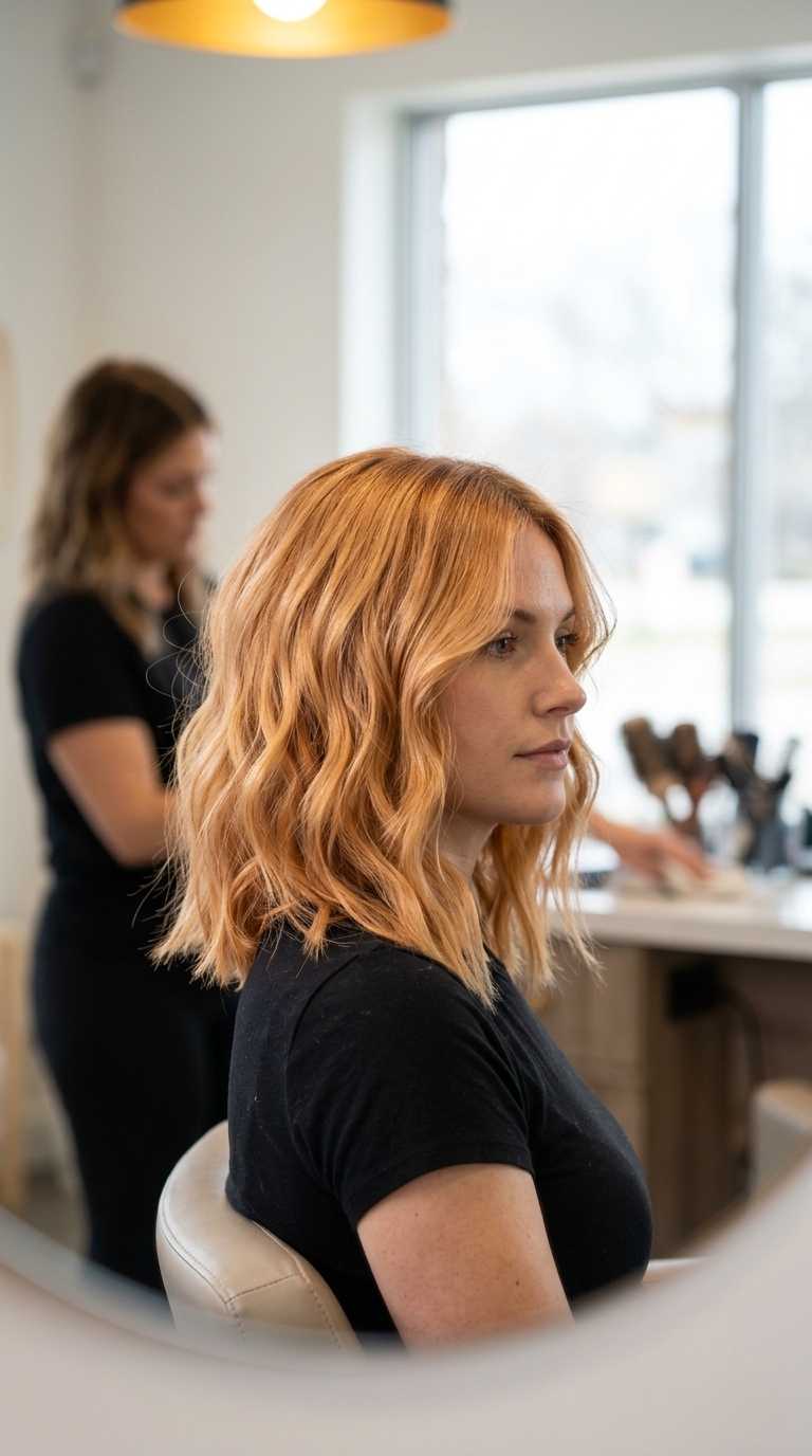 shoulder-length butterscotch copper lob with face-framing pieces and soft textured ends for trendy looks