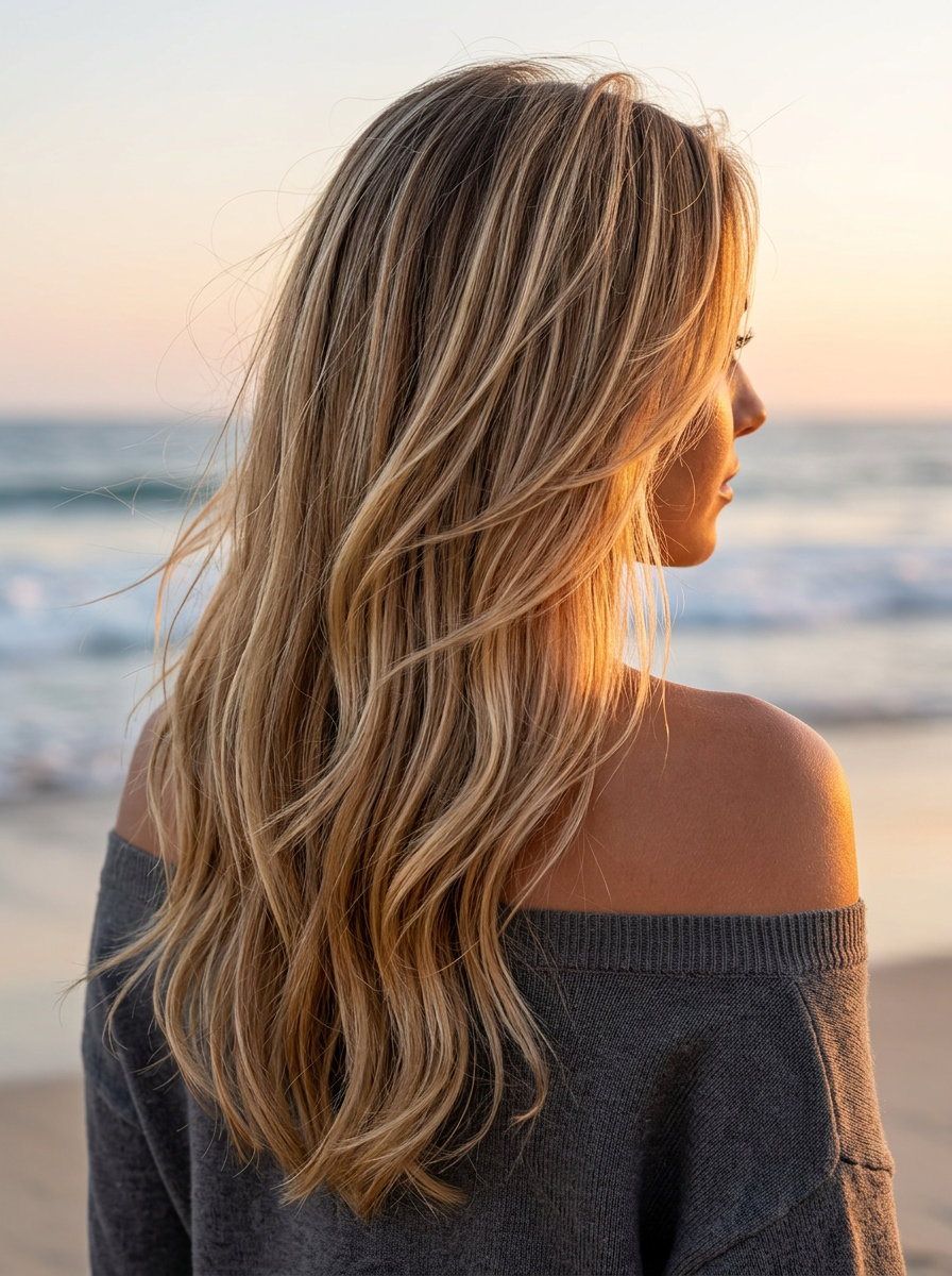 Sunkissed Siren: Butterscotch Balayage 2026 long flowing hair butterscotch with caramel base, butterfly layers, V-shaped back β glamorous sunkissed waves