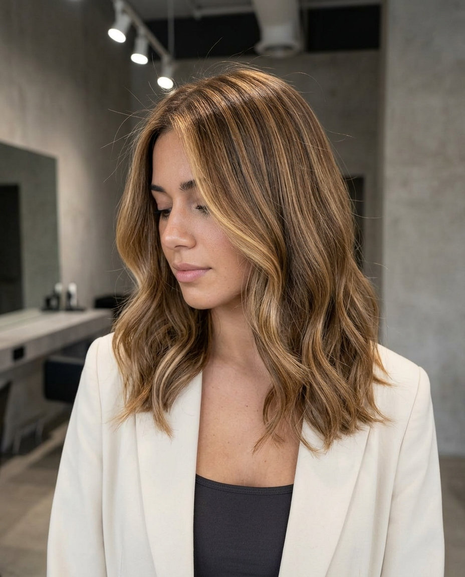 long butterscotch swirl with honey-caramel and light brown base, face-framing pieces — romantic summer waves
