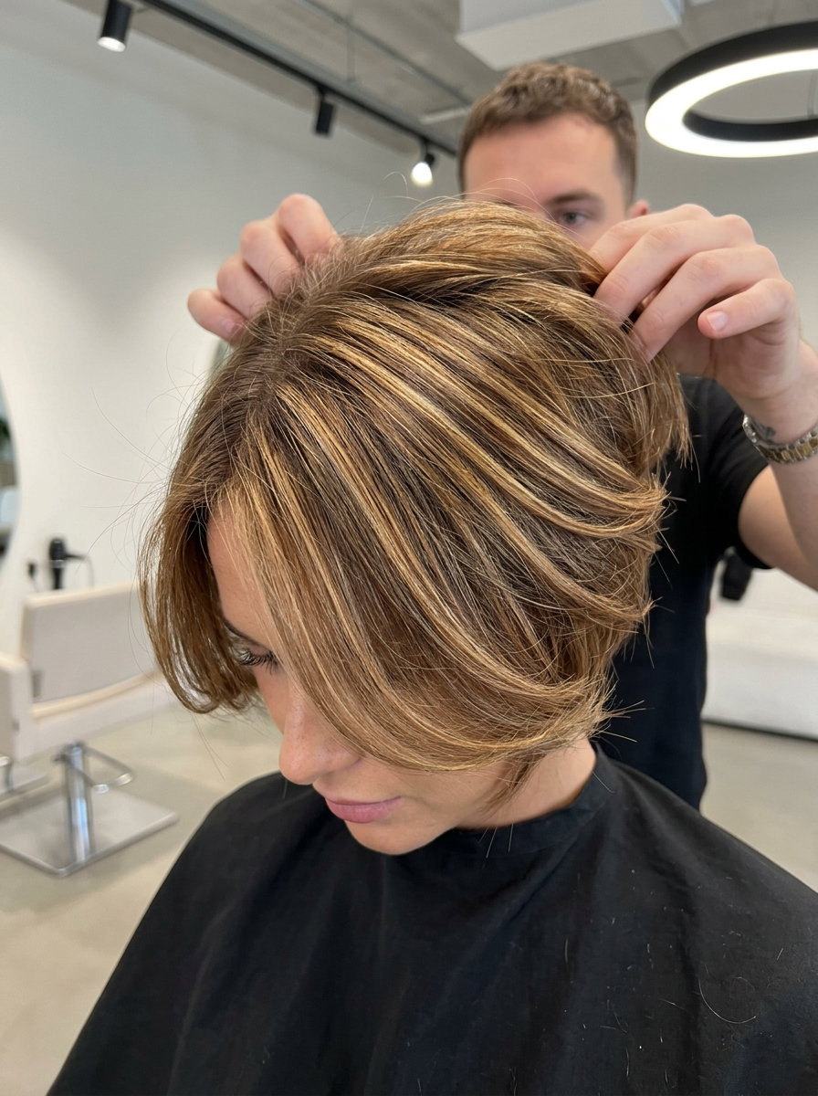short textured crop with razored ends and butterscotch swirl highlights for festival
