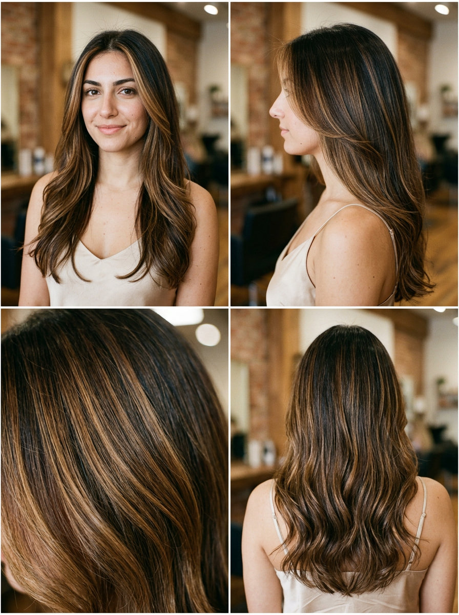 long warm caramel balayage hair with curve layers and money pieces for summer 2026