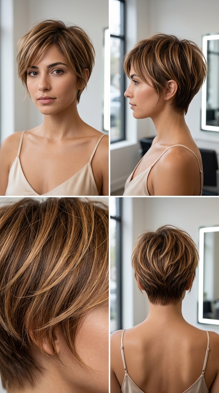 short pixie haircut warm caramel balayage with honey accents, tapered sides, side-swept fringe — soft modern