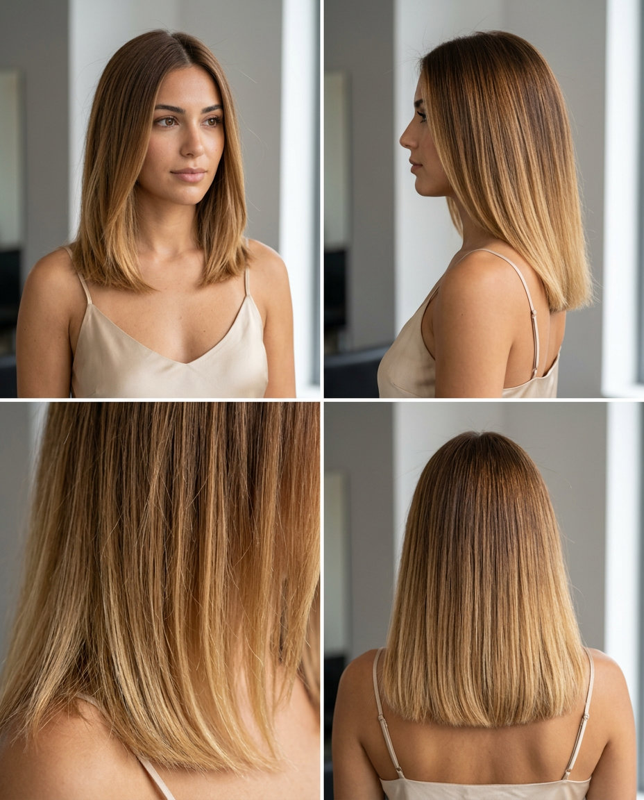 medium blunt bob sun-kissed ombré with golden caramel and blonde ends, internal thinning — professional effortless